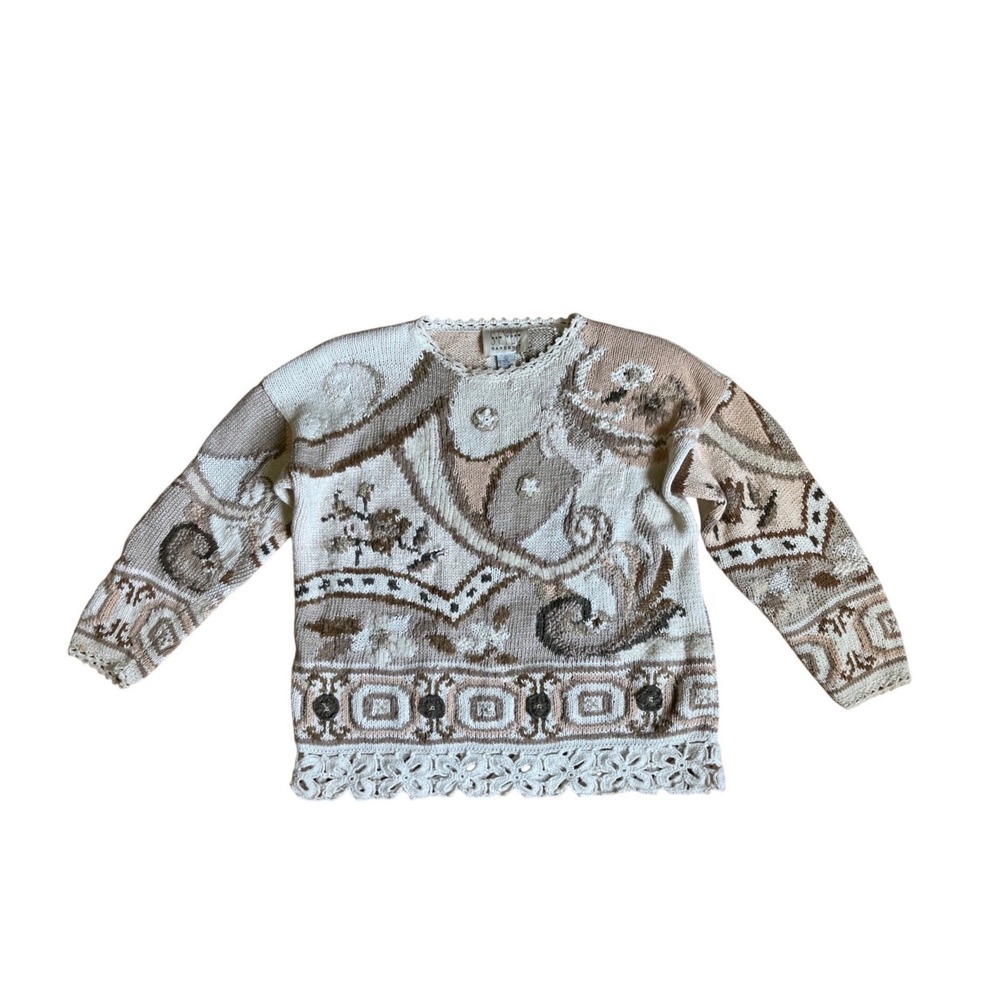 Vintage 90s Handknit Sweater Ramie Cotton Crochet Lace L Cottagecore Twee Artsy